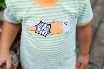 Trotter Street Kids Boys Orange Shorts with Green Halloween Shirt
