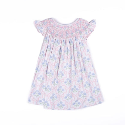 Shop Teeta Girls Smocked Dress - Blue Floral and Pink Bows Print by Shop Teeta