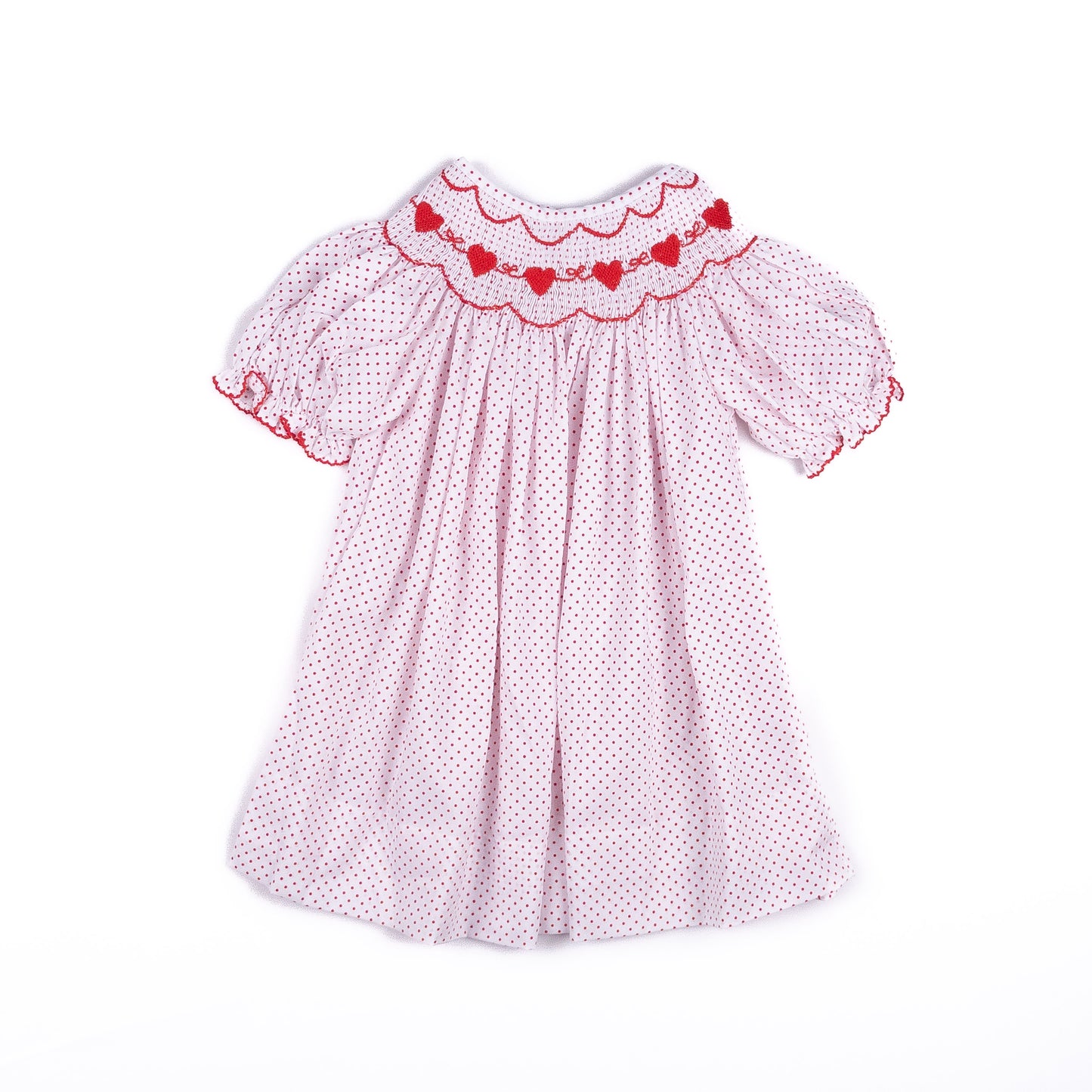 Shop Teeta Girls Red Bitty Dots Smocked Valentine Hearts Bishop Dress by Shop Teeta