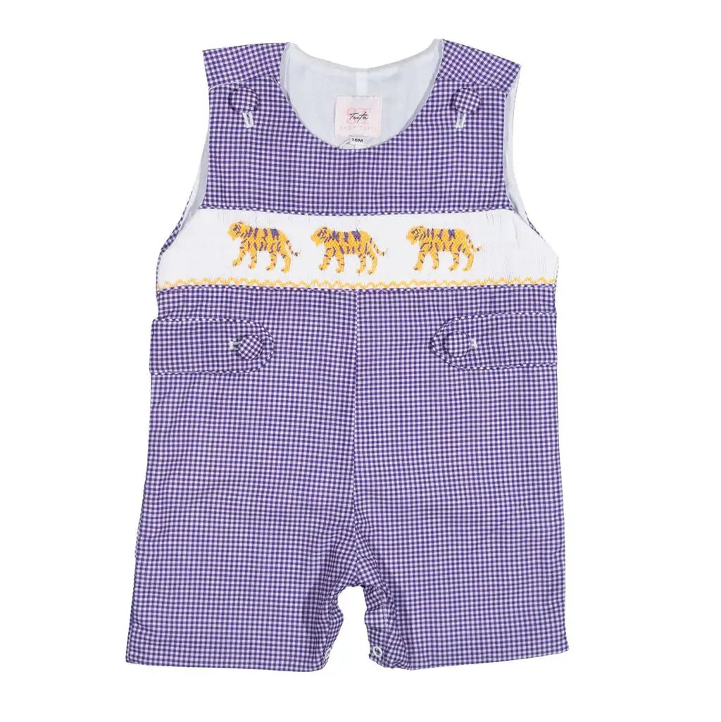 Shop Teeta Boys Jon Jon - Purple Gingham with Smocked LSU Tigers