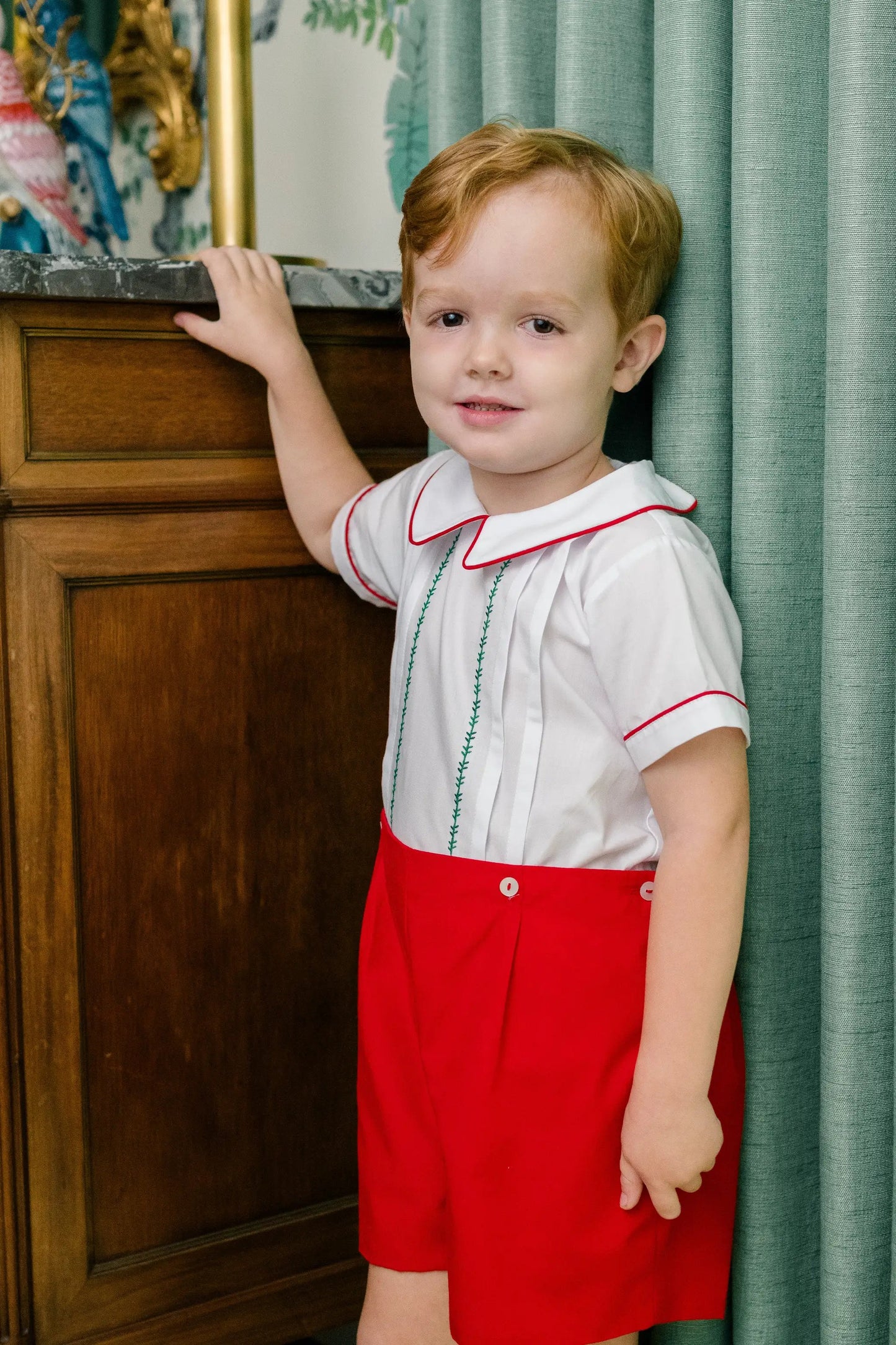 Proper Peony Boys Red Christmas Embroidered Holiday Dressy Shorts Set