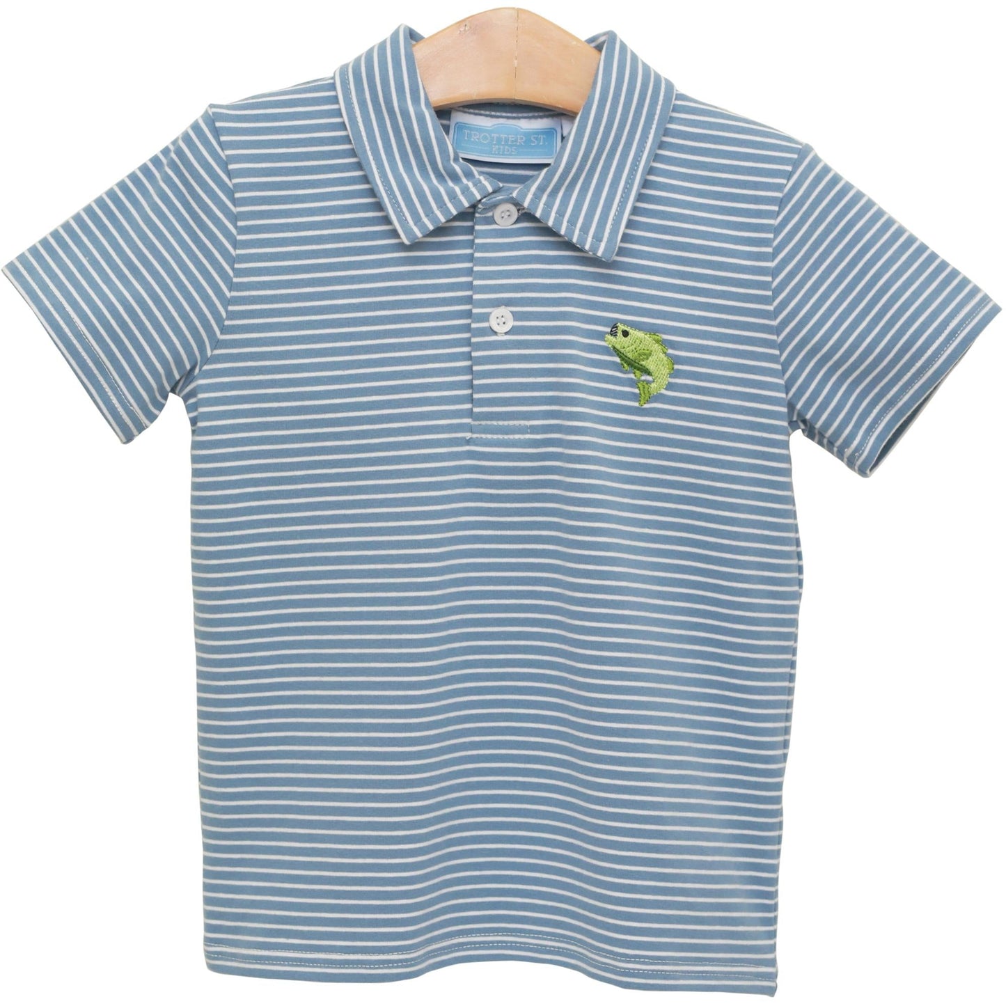 Trotter Street Kids Boys Blue Striped Hooked on Fishing Polo Shirt by Trotter Street Kids