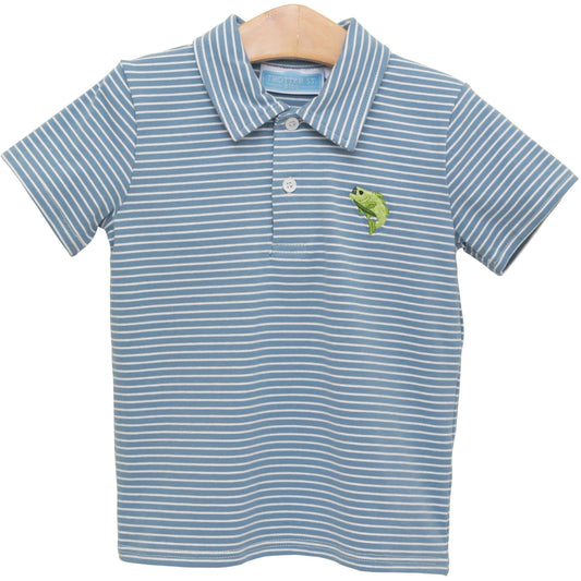 Trotter Street Kids Boys Blue Striped Hooked on Fishing Polo Shirt by Trotter Street Kids