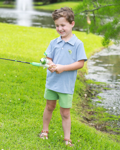 Trotter Street Kids Boys Blue Striped Hooked on Fishing Polo Shirt by Trotter Street Kids