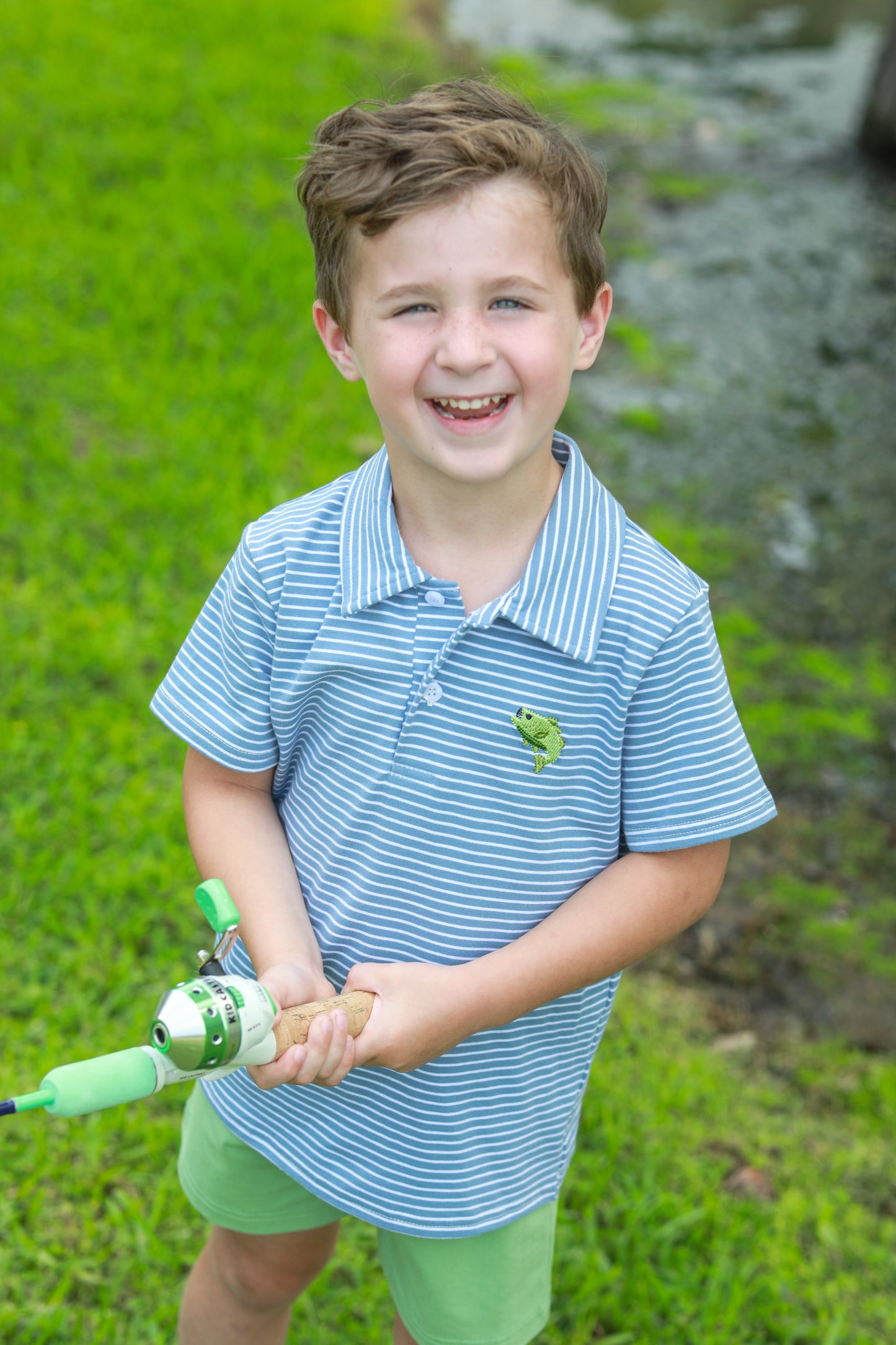 Trotter Street Kids Boys Blue Striped Hooked on Fishing Polo Shirt by Trotter Street Kids