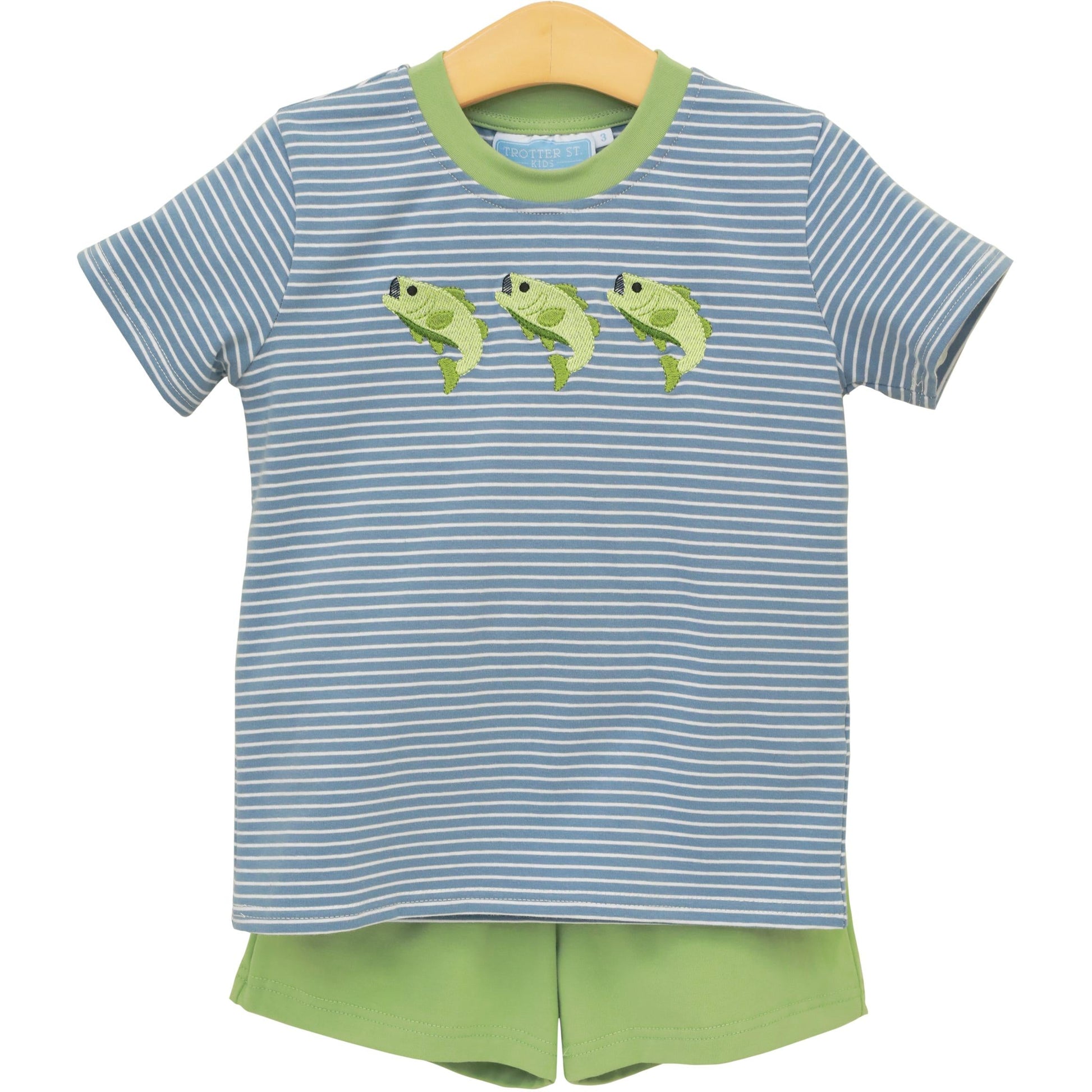 Trotter Street Kids Boys Blue Stripe Hooded on Fishing Shirt with Green Shorts