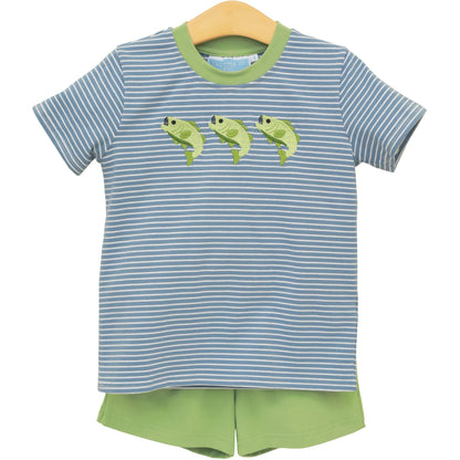 Trotter Street Kids Boys Blue Stripe Hooded on Fishing Shirt with Green Shorts by Trotter Street Kids