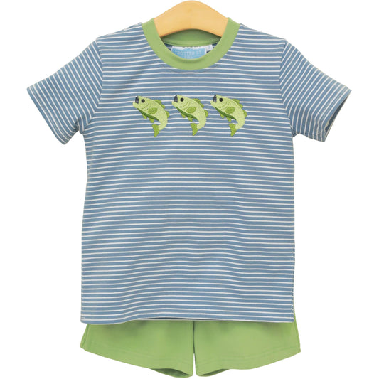 Trotter Street Kids Boys Blue Stripe Hooded on Fishing Shirt with Green Shorts by Trotter Street Kids
