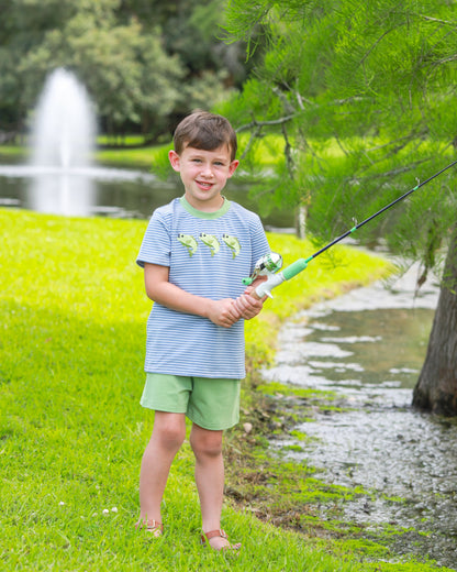 Trotter Street Kids Boys Blue Stripe Hooded on Fishing Shirt with Green Shorts by Trotter Street Kids