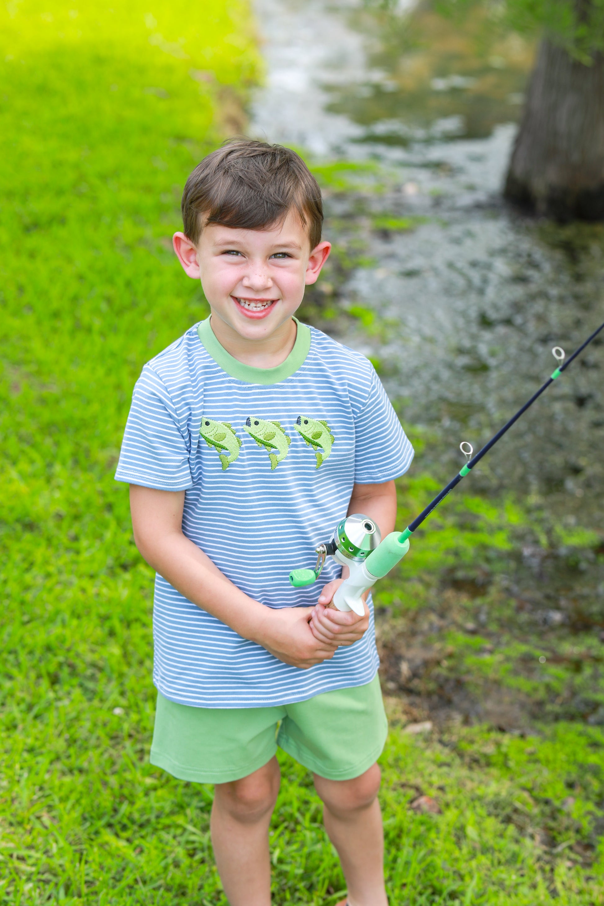Trotter Street Kids Boys Blue Stripe Hooded on Fishing Shirt with Green Shorts