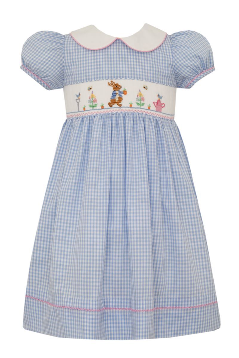 Anavini Girls Blue Gingham Smocked Peter Rabbit Dress - White Collar by Anavini