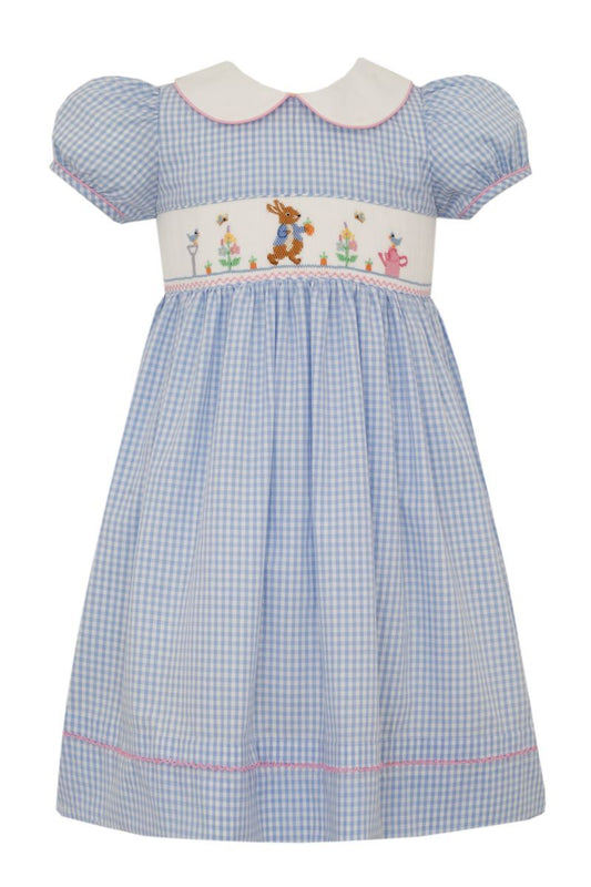 Anavini Girls Blue Gingham Smocked Peter Rabbit Dress - White Collar by Anavini