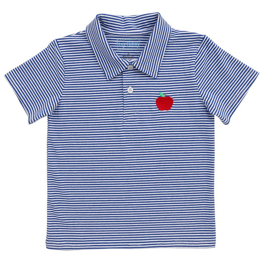 Itsy Bitty Boys Blue Striped Polo Shirt - Embroidered Red Apple by Itsy Bitsy