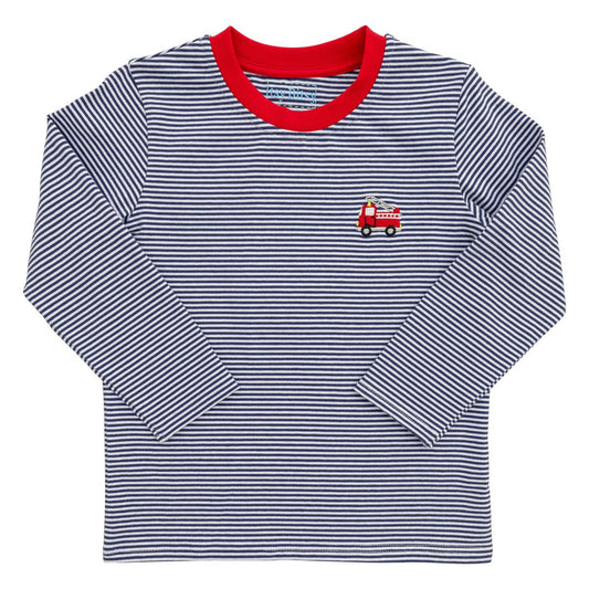 Itsy Bitsy Boys Blue Striped Shirt - Embroidered Red Firetruck by Itsy Bitsy