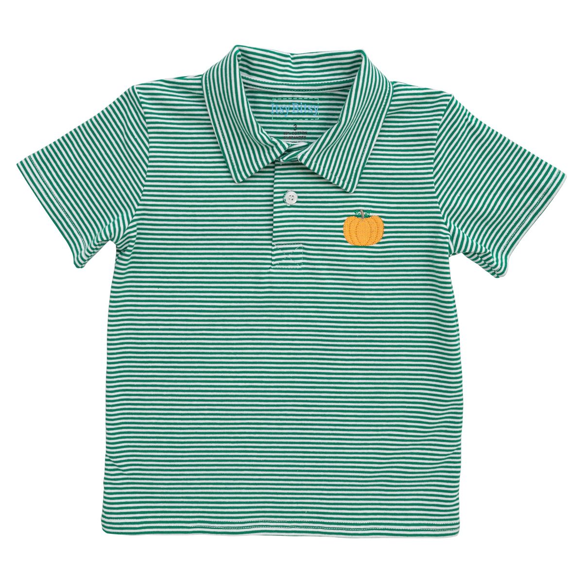 Itsy Bitsy Boys Green Striped Polo Shirt - Embroidered Pumpkin