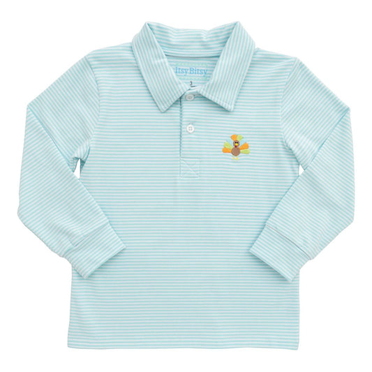 Itsy Bitsy Boys Aqua Striped Polo Shirt - Embroidered Thanksgiving Turkey by Itsy Bitsy
