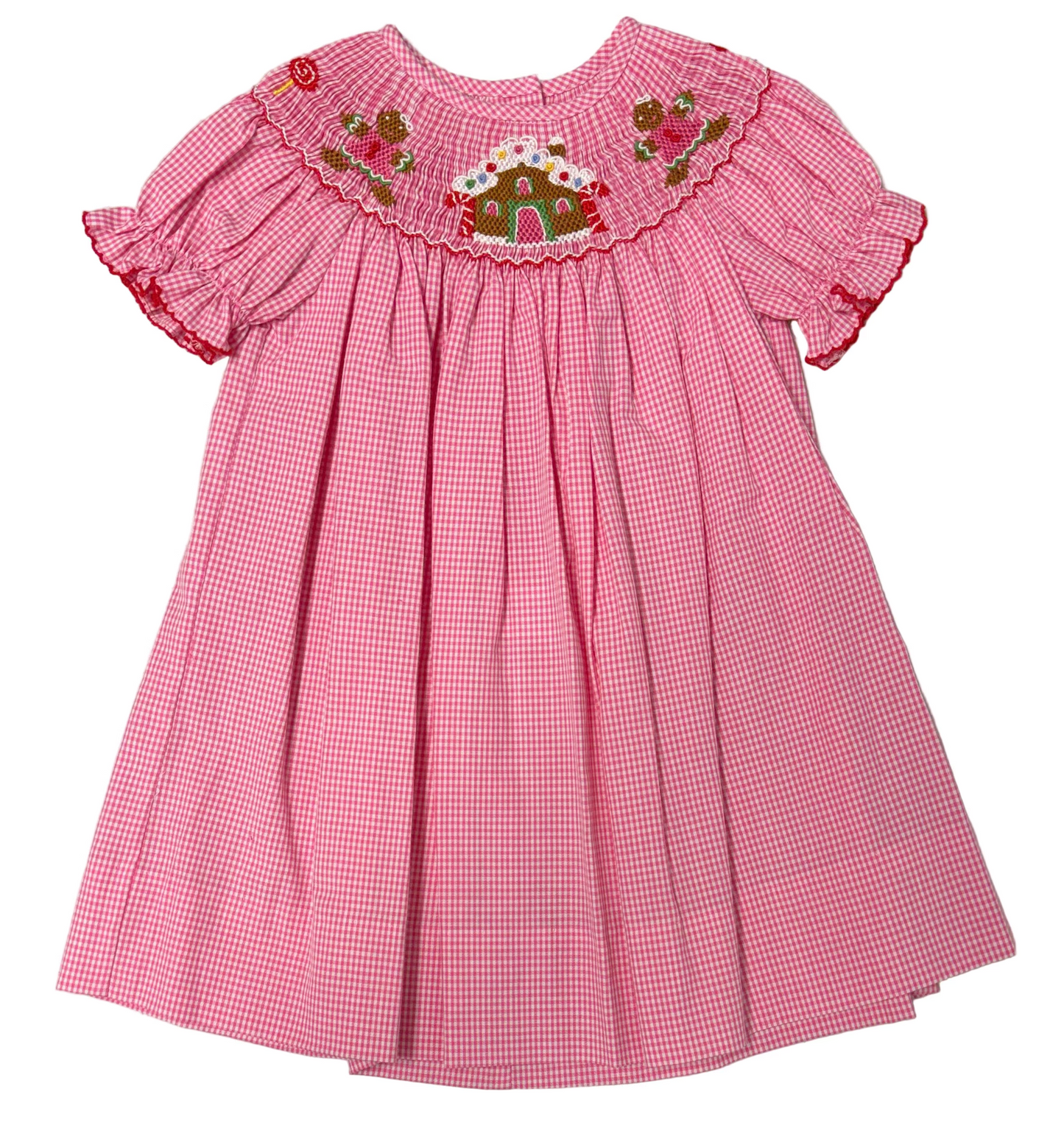 Anavini Girls Pink Gingham Gingerbread Man House Christmas Dress by Anavini