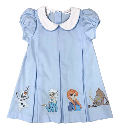 LuLu BeBe Girls Dana Dress - Embroidered Elsa Frozen Characters - Blue