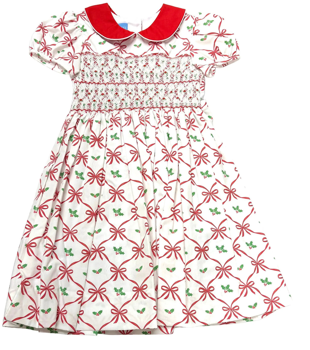 Anavini Couture Girls Red Holiday Bow Print Smocked Dress