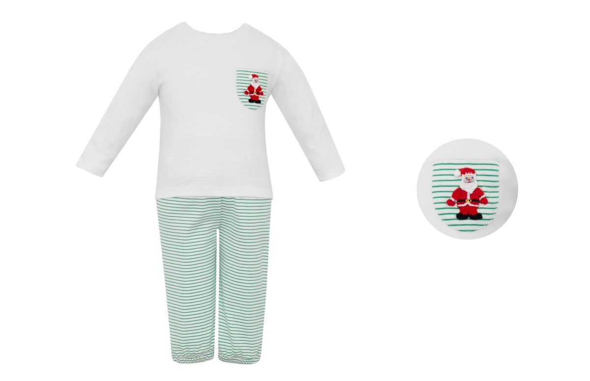 Petit Bebe Knits Boys Green Stripe Knit Pant Set with White T-Shirt and Santa Pocket