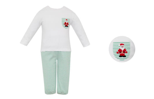 Petit Bebe Knits Boys Green Stripe Knit Pant Set with White T-Shirt and Santa Pocket by Petit Bebe