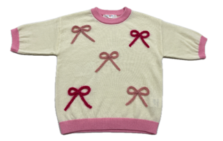 LuLu BeBe Girls Ivory Short Sleeve Sweater Top - Pink Bows by LuLu BeBe
