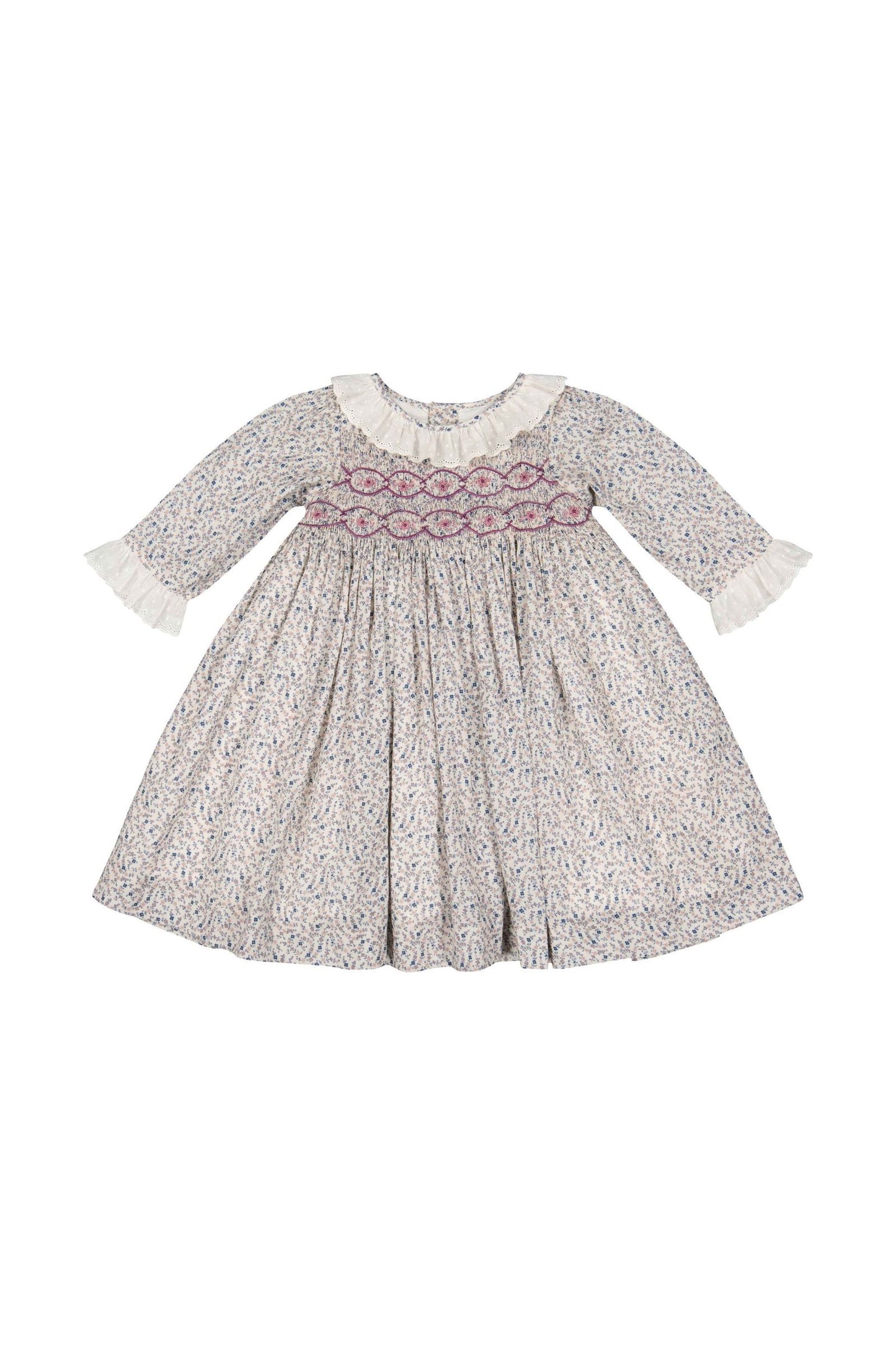 Antoinette Paris Girls Isadora Smocked Dress with Ruffle Collar - Blue Floral