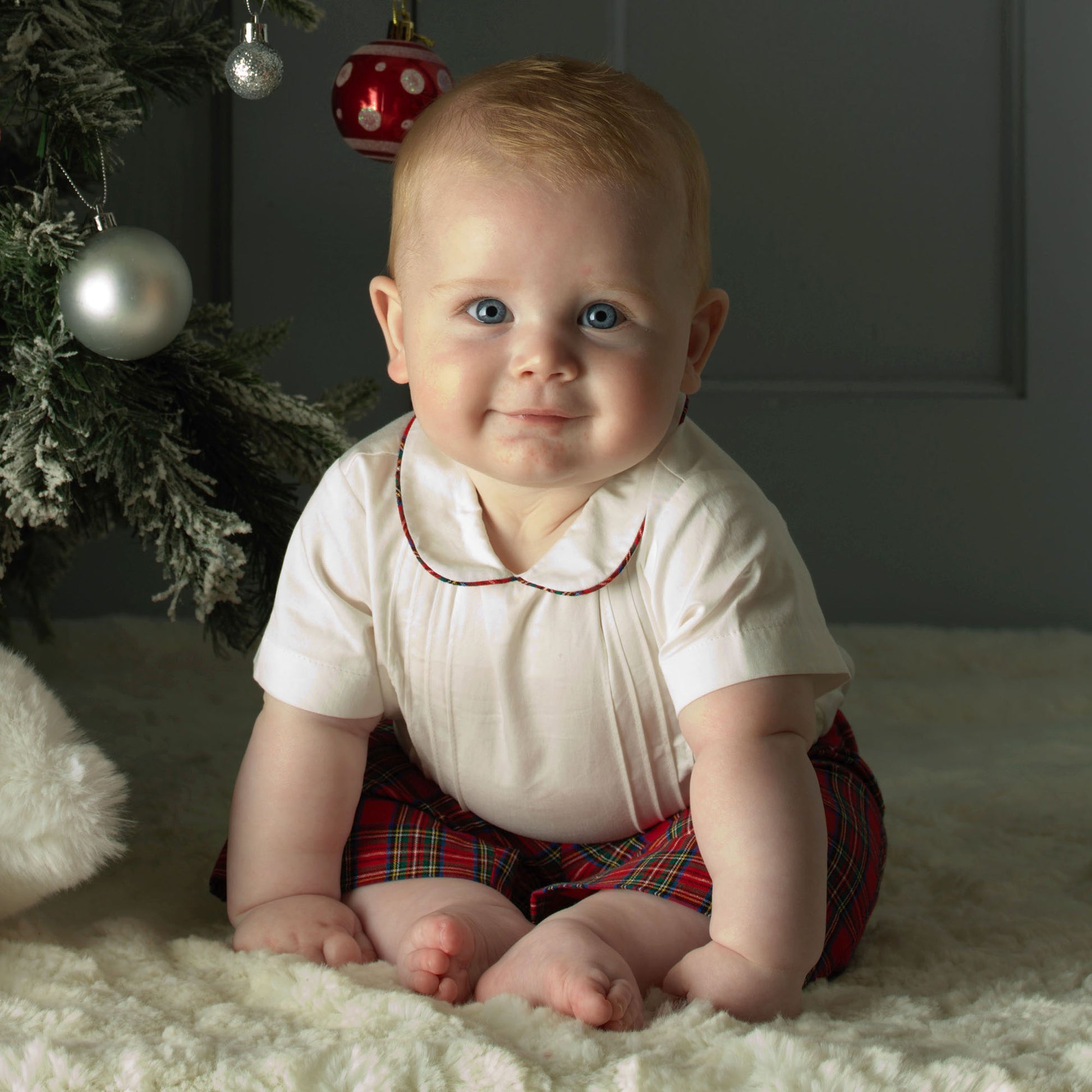 Rachel Riley London Baby Boys Red Holiday Tartan Plaid Shorts & Shirt Set