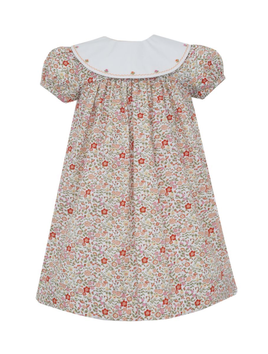 Claire & Charlie Girls Orange Liberty Print Short Sleeve Float Dress with Embroidered Round Collar