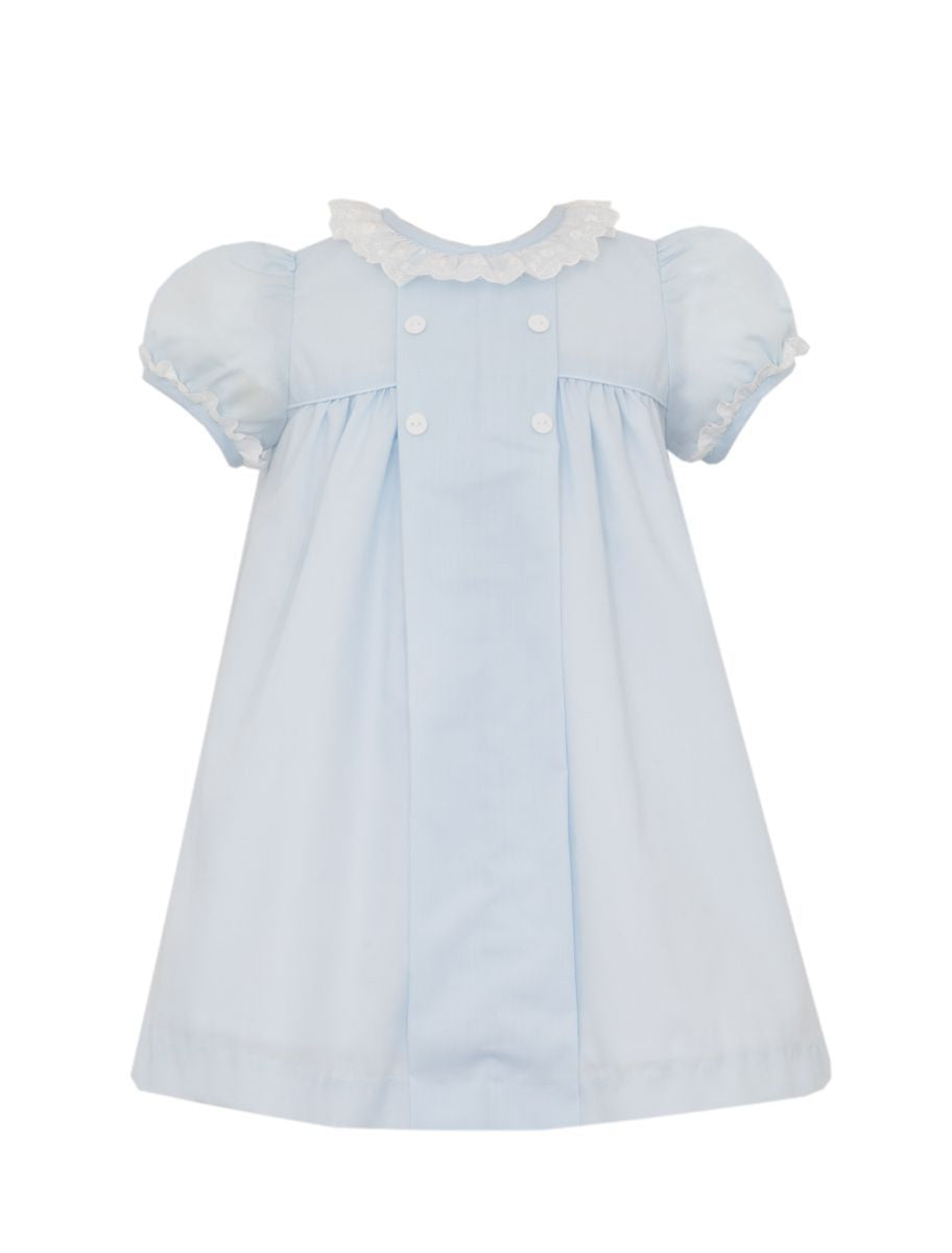 Claire & Charlie Girls Light Blue Swiss Batiste Float Dress with White Swiss Eyelet Ruffle Collar