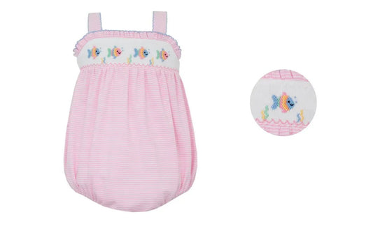 Petit Bebe Knits Girls Pink Striple Knit Fish Bubble with Straps by Petit Bebe