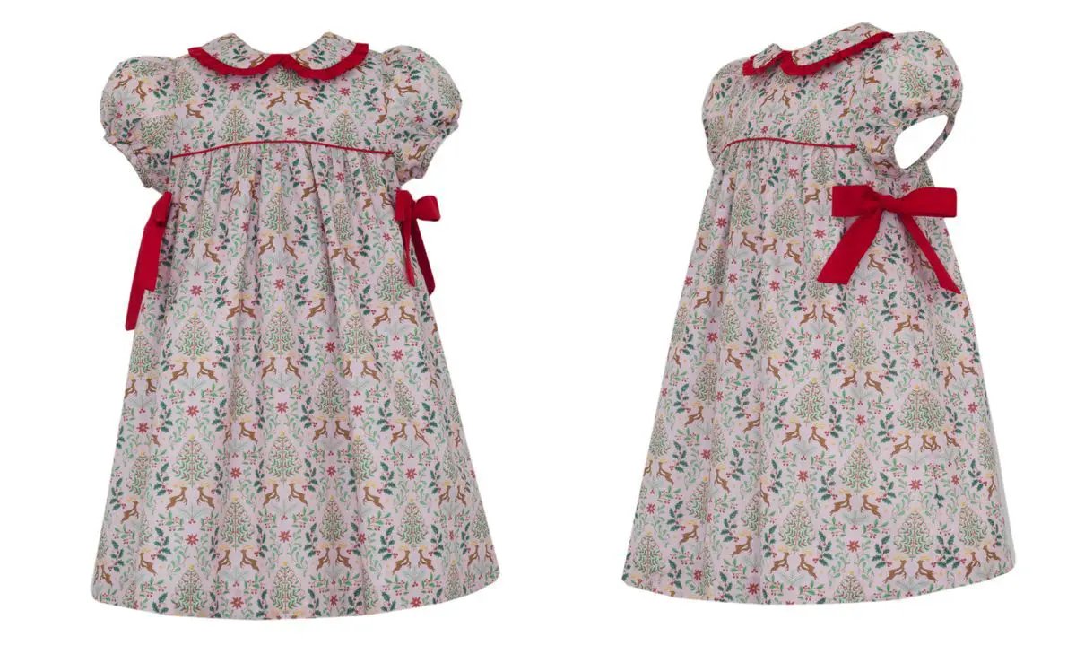 Claire & Charlie Girls Reindeer Xmas Print Short Sleeve Dress with Red Side Bows