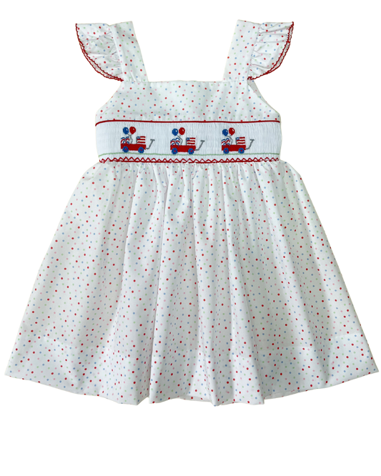LuLu BeBe Girls Jackie Sun Dress - Patriotic Dots Smocked Wagons with Flags & Balloons