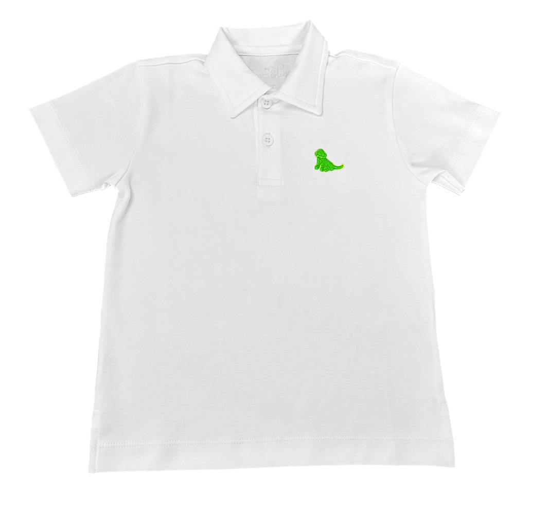 James & Lottie Boys White Polo Shirt - Green Puppy