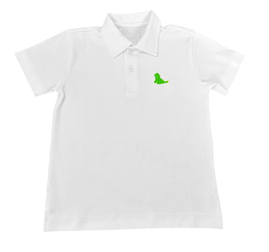 James & Lottie Boys White Polo Shirt - Green Puppy by James & Lottie