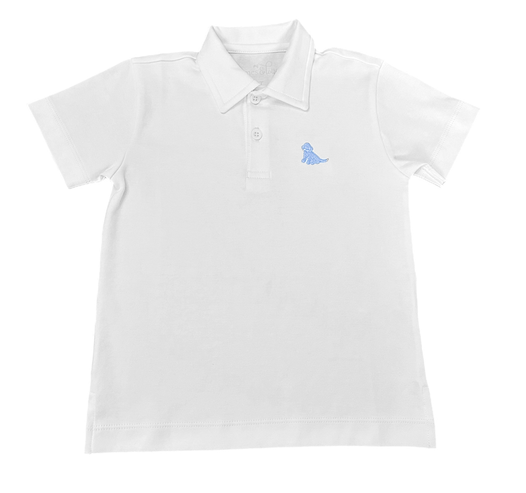James & Lottie Boys White Polo Shirt - Light Blue Puppy