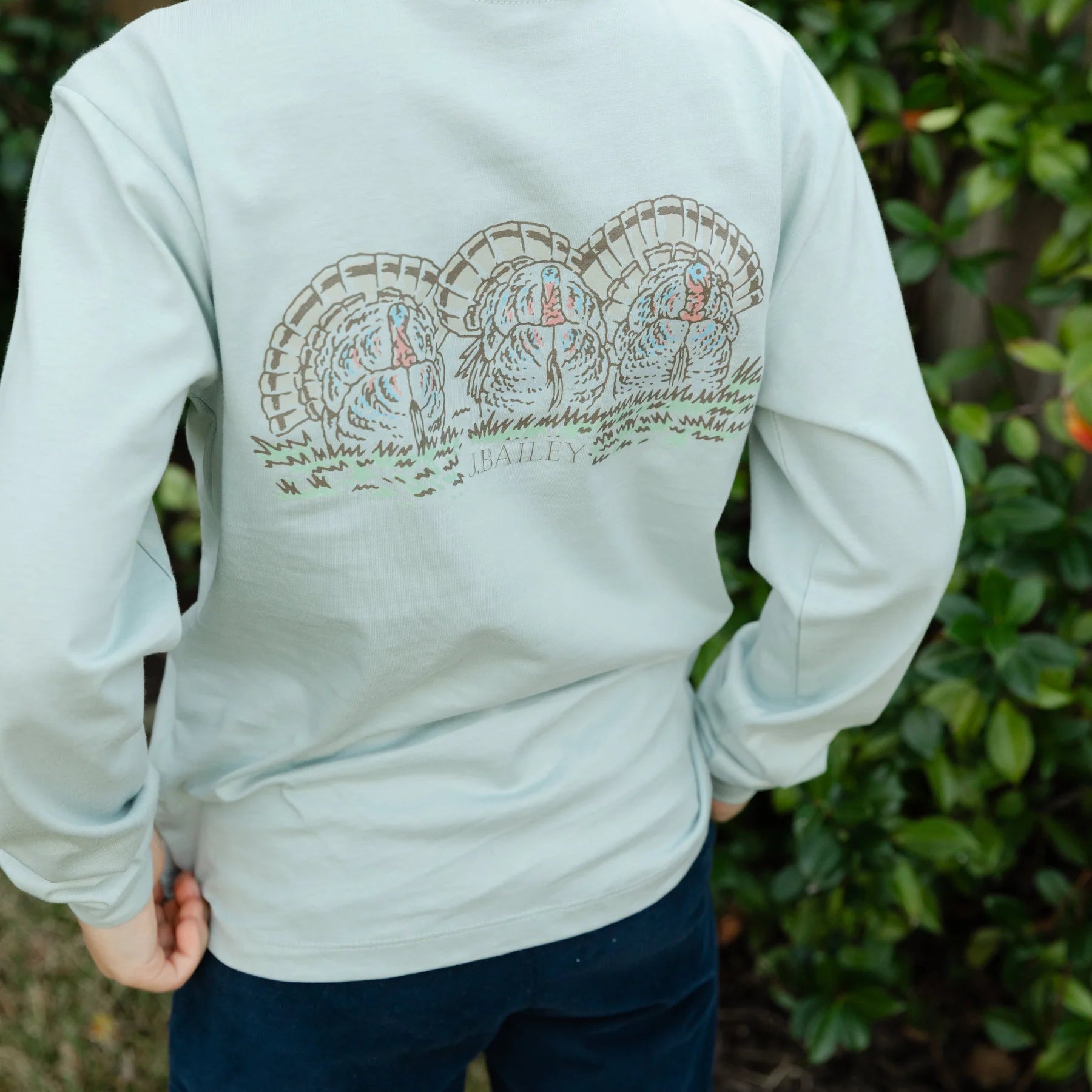 J. Bailey Boys Logo Tee Shirt - Thanksgiving Turkeys on Sage Green