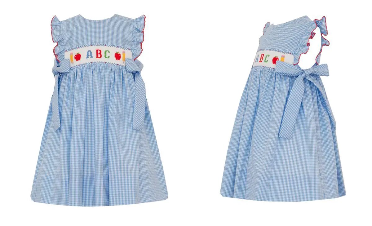 Petit Bebe Girls Periwinkle Blue Gingham ABC Sleeveless Dress with Side Bows