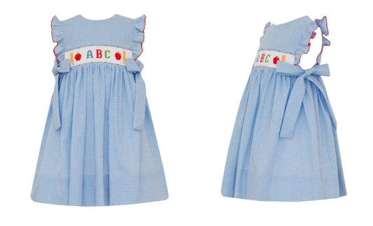 Petit Bebe Girls Periwinkle Blue Gingham ABC Smocked Dress - Side Bows