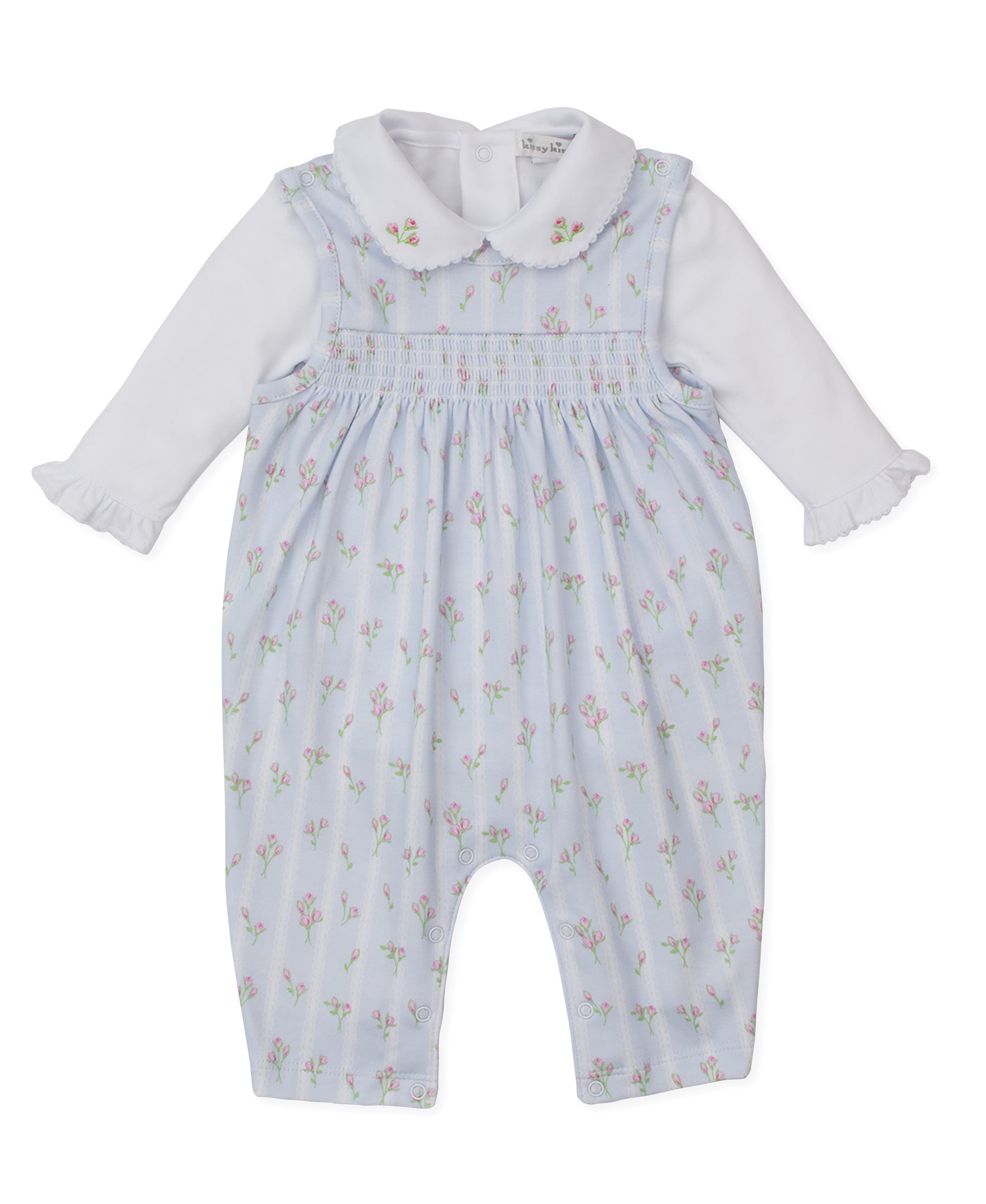 Kissy Kissy Baby Girls Ribbon Stripe Bouquet Smocked Overall with Blouse - Blue