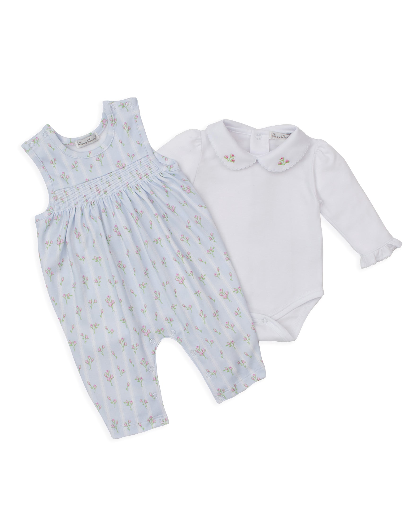 Kissy Kissy Baby Girls Ribbon Stripe Bouquet Smocked Overall with Blouse - Blue