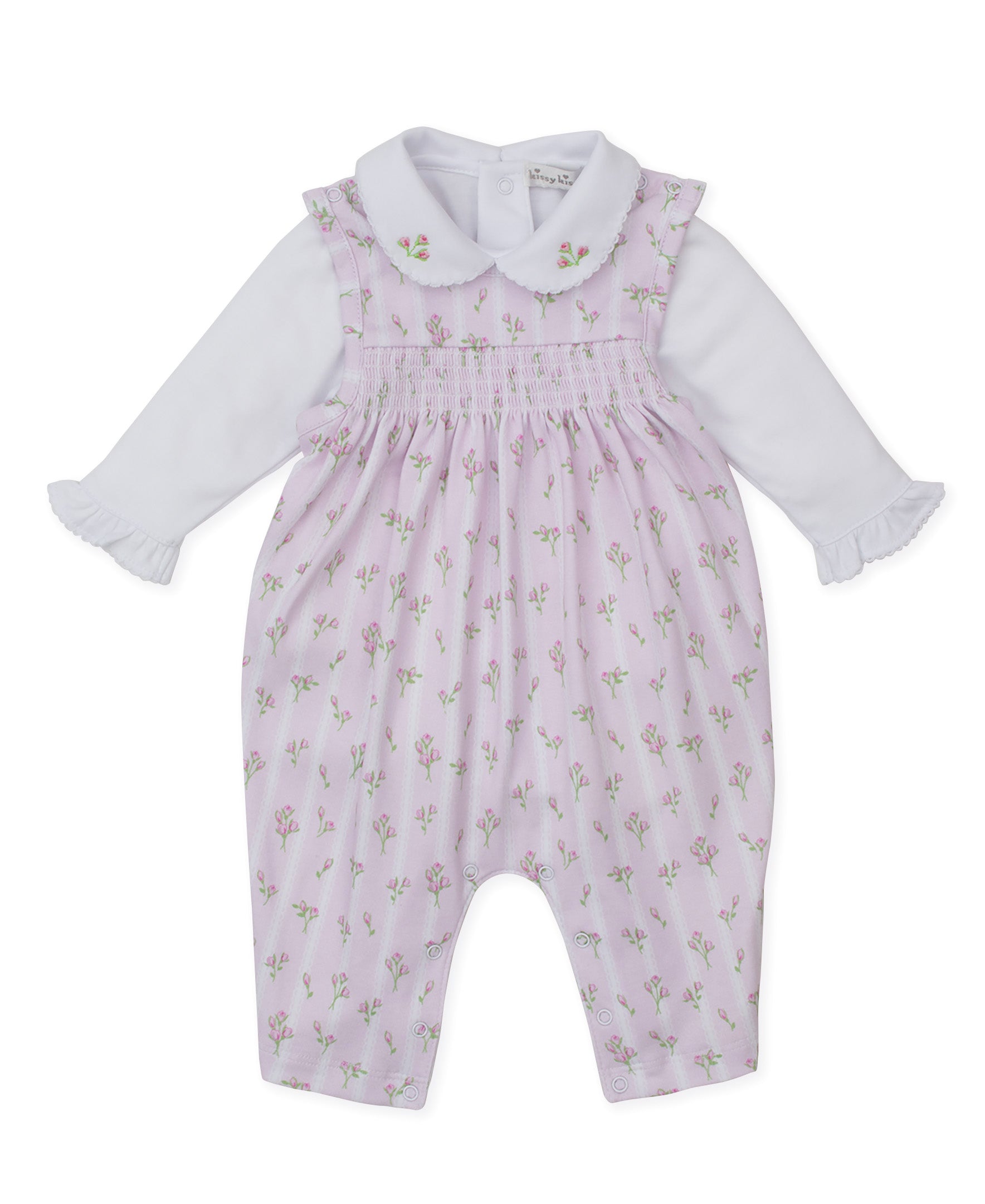 Kissy Kissy Baby Girls Ribbon Stripe Bouquet Smocked Overall with Blouse - Pink