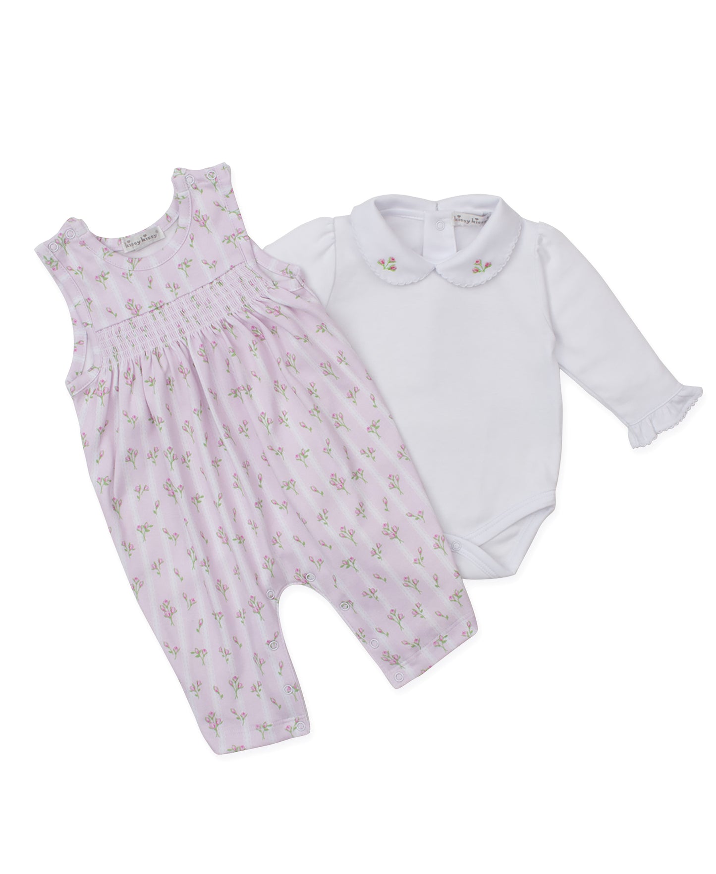 Kissy Kissy Baby Girls Ribbon Stripe Bouquet Smocked Overall with Blouse - Pink by Best Dressed Child