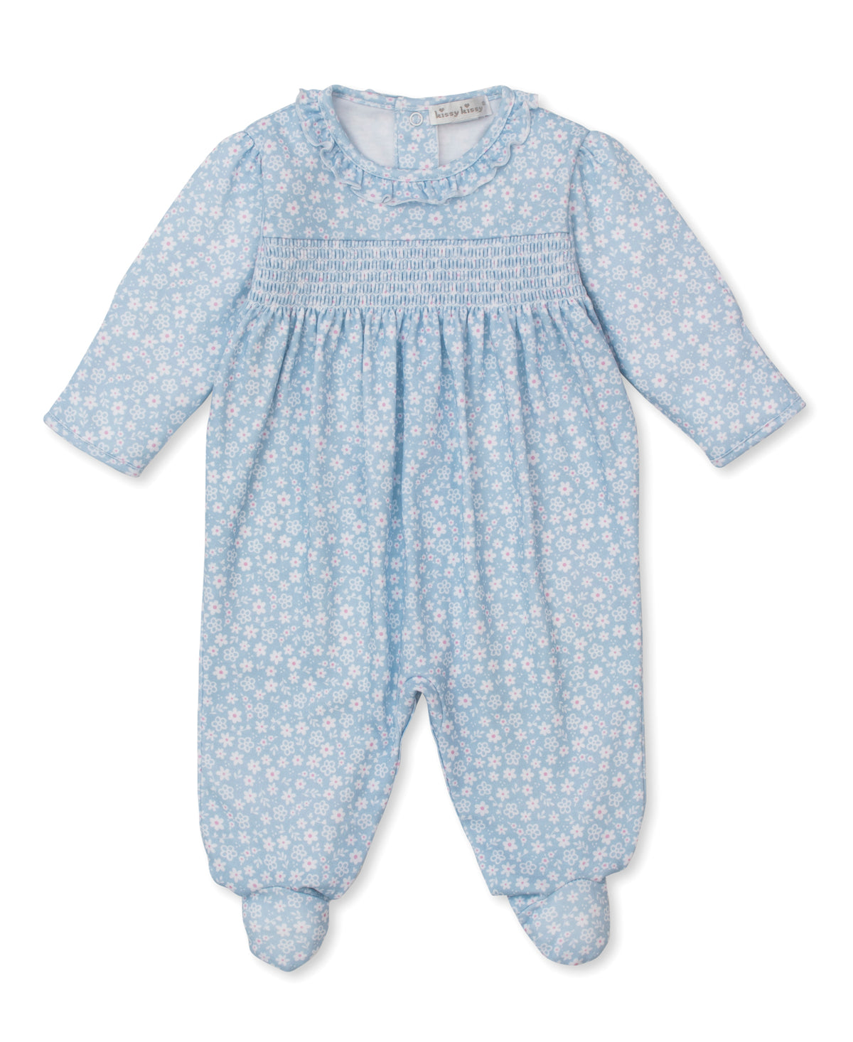 Kissy Kissy Baby Girls Blue Fall in Blooms Smocked Footie