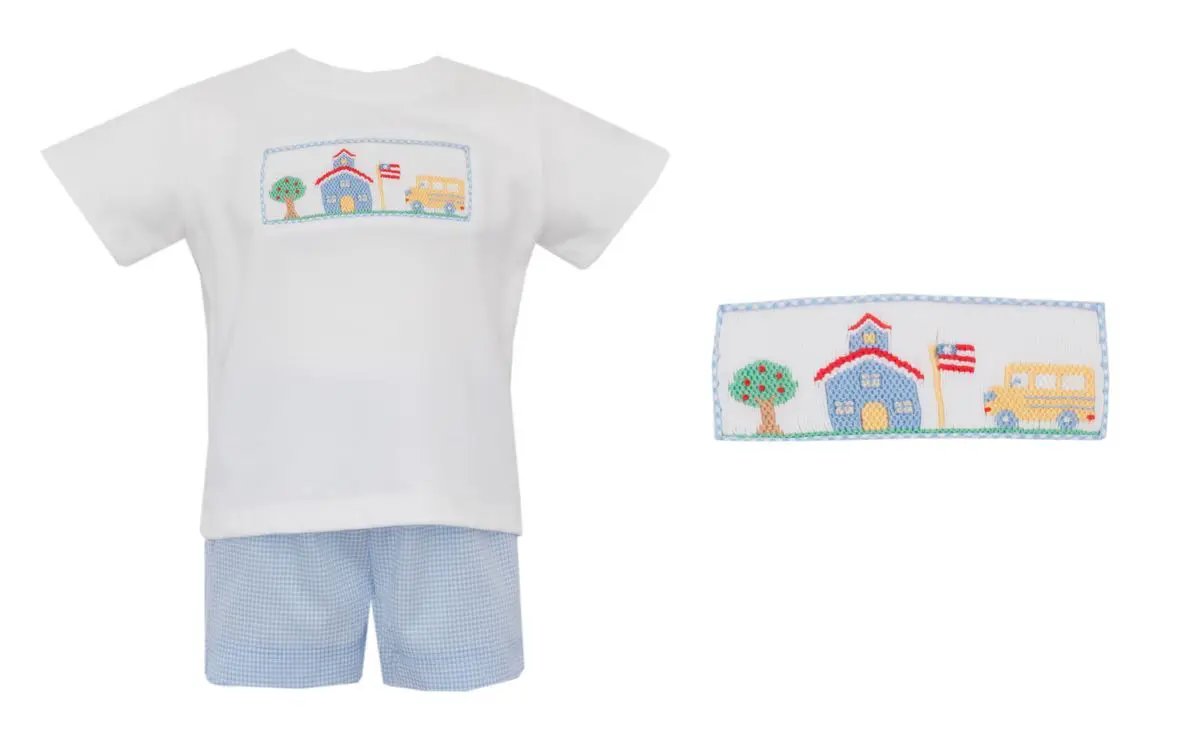 Petit Bebe Boys Light Blue Gingham Short Set with White Knit School House Tee Shirt