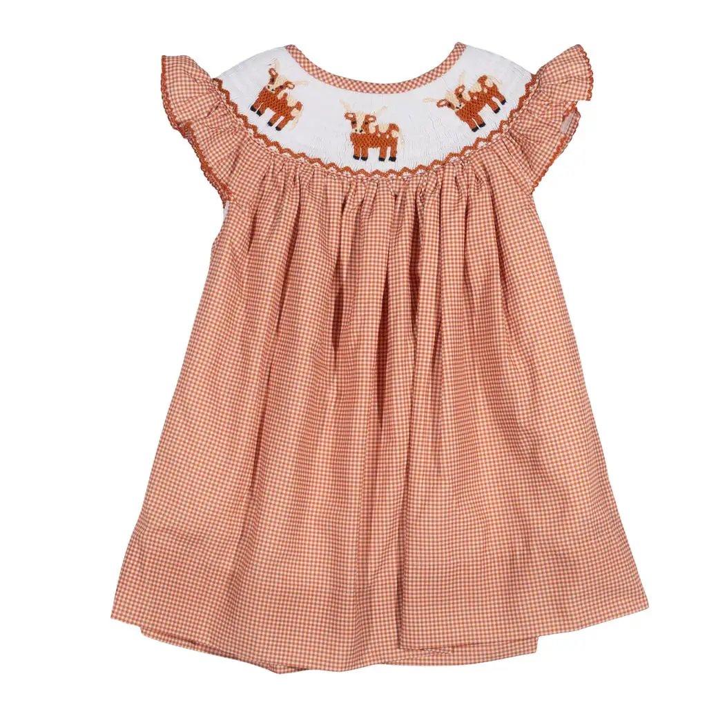 Shop Teeta Girls Kate Dress - Orange Gingham Smocked Texas Longhorns