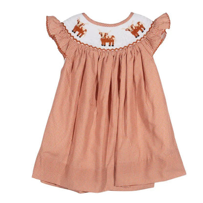 Shop Teeta Girls Kate Dress - Orange Gingham Smocked Texas Longhorns