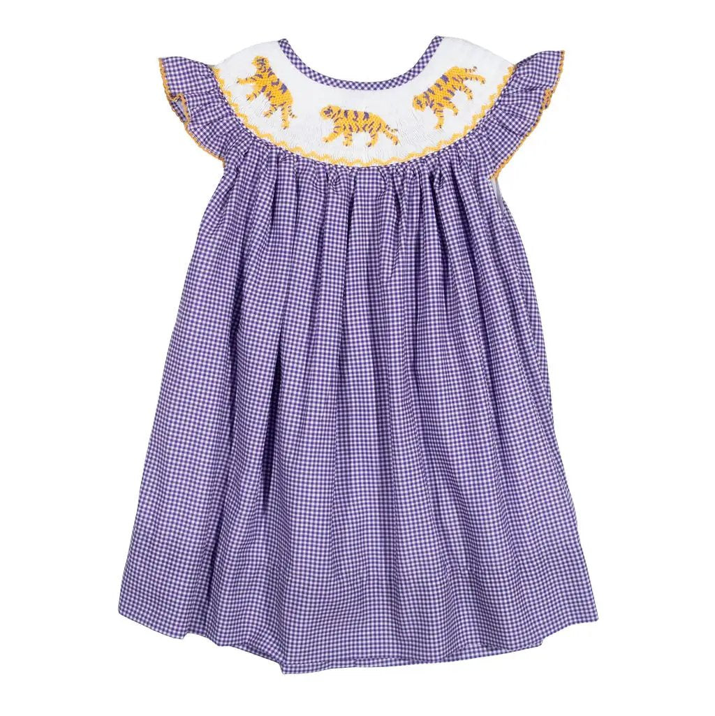 Shop Teeta Girls Kate Dress - Purple Gingham with Smocked LSU Tigers