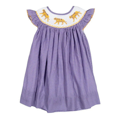 Shop Teeta Girls Kate Dress - Purple Gingham with Smocked LSU Tigers