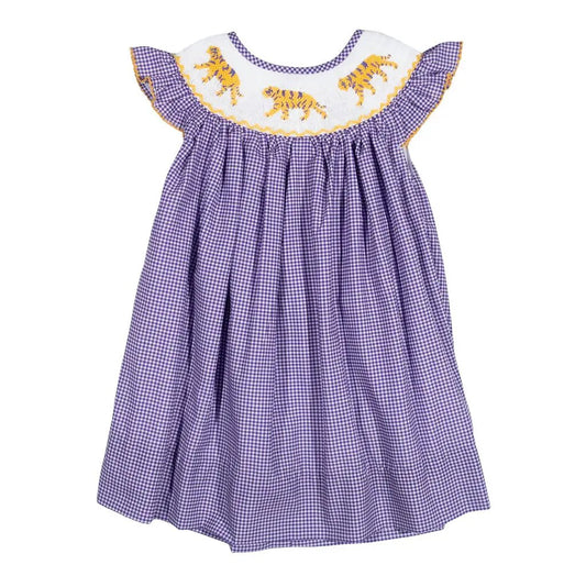 Shop Teeta Girls Kate Dress - Purple Gingham with Smocked LSU Tigers